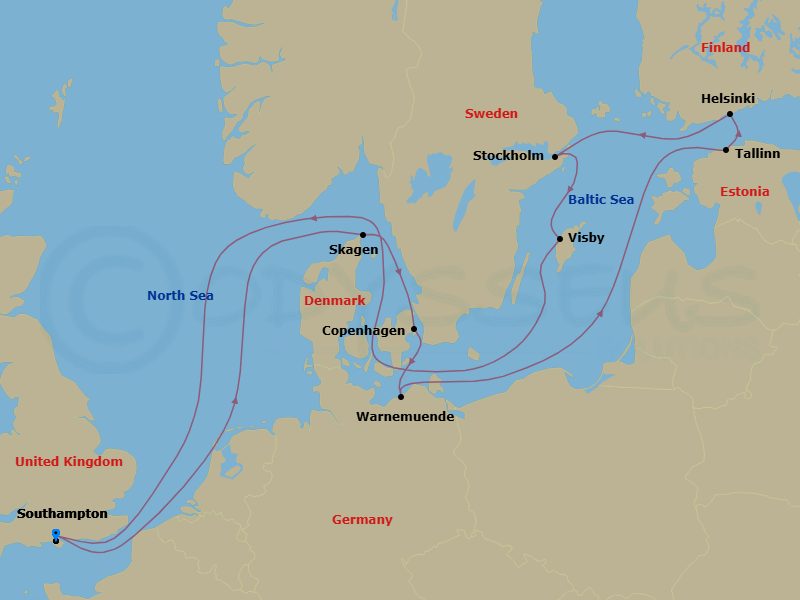 14 Night - Scandinavia - Sky Princess - Starting in Southampton (for London), England, Skagen, Denmark, Copenhagen, Denmark, Warnemunde (for Berlin), Germany, Tallinn, Estonia, Helsinki, Finland, Stockholm, Sweden, Visby, Sweden, Southampton (for London), England itinerary map