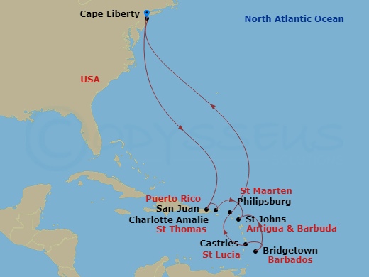 RCL Odyssey of the Seas - 12 Night - Southern Caribbean Cruise - RCL Odyssey of the Seas - Starting in Cape Liberty, Nj (Ny Metro), San Juan, Puerto Rico, Charlotte Amalie, St Thomas,.. itinerary map