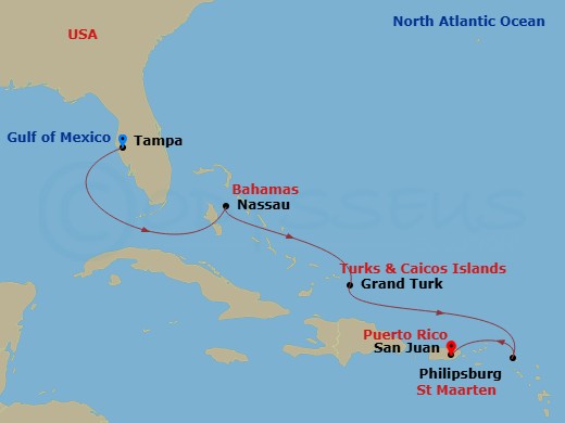RCL Rhapsody of the Seas - 7 Night - Eastern Caribbean Cruise - RCL Rhapsody of the Seas - Starting in Tampa, Florida, Nassau, Bahamas, Grand Turk, Turks and Caicos, Philipsburg, St Maa.. itinerary map