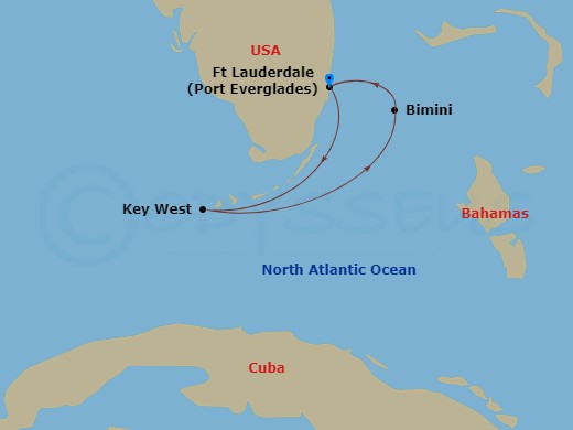 RCL Brilliance of the Seas - 4 Night - Key West & Bahamas Cruise - RCL Brilliance of the Seas - Starting in Fort Lauderdale, Florida, Key West, Florida, Bimini, Bahamas, Fort Lauderdale,.. itinerary map