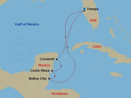 RCL Radiance of the Seas - 7 Night - Western Caribbean Cruise - RCL Radiance of the Seas - Starting in Tampa, Florida, Cozumel, Mexico, Puerto Costa Maya, Mexico, Belize City, Belize, T.. itinerary map