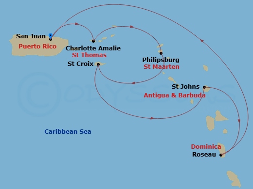 RCL Rhapsody of the Seas - 7 Night - Southern Caribbean Cruise - RCL Rhapsody of the Seas - Starting in San Juan, Puerto Rico, Charlotte Amalie, St Thomas, Philipsburg, St Maarten, St C.. itinerary map