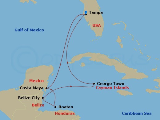 RCL Radiance of the Seas - 8 Night - Western Caribbean Cruise - RCL Radiance of the Seas - Starting in Tampa, Florida, Puerto Costa Maya, Mexico, Roatan, Honduras, Belize City, Belize,.. itinerary map