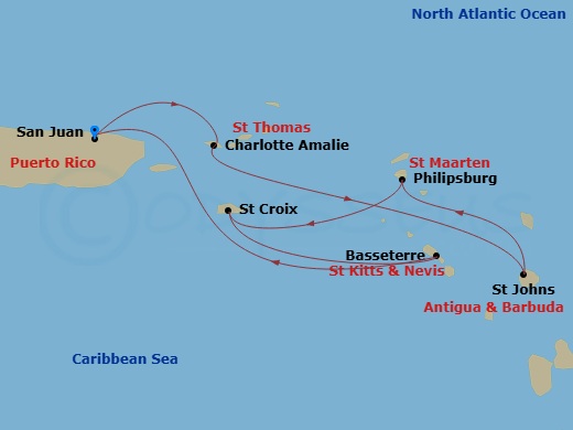 RCL Vision of the Seas - 7 Night - Southern Caribbean Cruise - RCL Vision of the Seas - Starting in San Juan, Puerto Rico, Charlotte Amalie, St Thomas, St Johns AG, Antigua, Philipsbu.. itinerary map