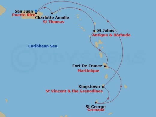 RCL Vision of the Seas - 7 Night - Southern Caribbean Cruise - RCL Vision of the Seas - Starting in San Juan, Puerto Rico, Charlotte Amalie, St Thomas, St Johns AG, Antigua, Fort-De-F.. itinerary map