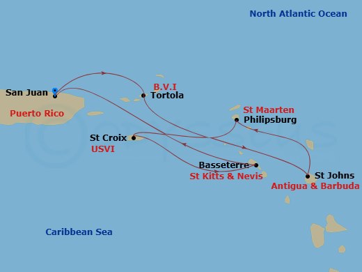 RCL Vision of the Seas - 7 Night - Southern Caribbean Cruise - RCL Vision of the Seas - Starting in San Juan, Puerto Rico, Tortola, St Johns AG, Antigua, Philipsburg, St Maarten, St C.. itinerary map