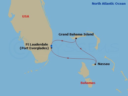 RCL Brilliance of the Seas - 4 Night - Bahamas Getaway Cruise - RCL Brilliance of the Seas - Starting in Fort Lauderdale, Florida, Grand Bahama Island, Bahamas, Nassau, Bahamas, Fort Laud.. itinerary map