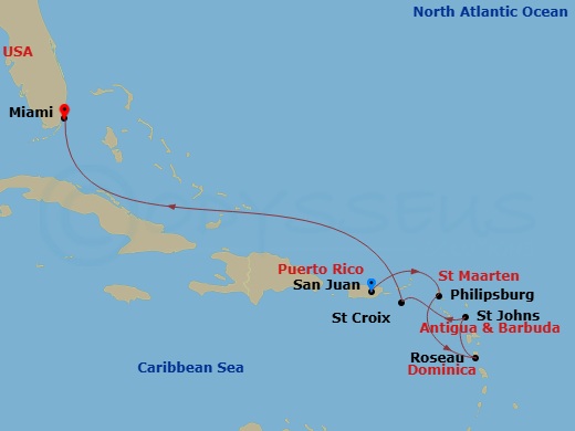 RCL Rhapsody of the Seas - 7 Night - Southern Caribbean Cruise - RCL Rhapsody of the Seas - Starting in San Juan, Puerto Rico, Philipsburg, St Maarten, Roseau, Dominica, St Johns AG, An.. itinerary map