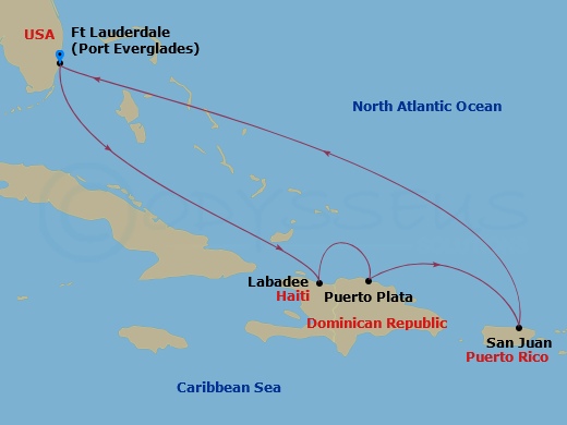 RCL Brilliance of the Seas - 7 Night - Eastern Caribbean Holiday - RCL Brilliance of the Seas - Starting in Fort Lauderdale, Florida, Labadee, Haiti, Puerto Plata, Dominican Republic, San.. itinerary map