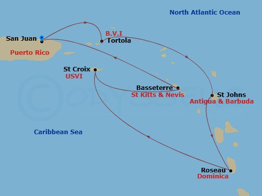 RCL Vision of the Seas - 7 Night - Southern Caribbean Holiday - RCL Vision of the Seas - Starting in San Juan, Puerto Rico, Tortola, St Johns AG, Antigua, Roseau, Dominica, St Croix,.. itinerary map