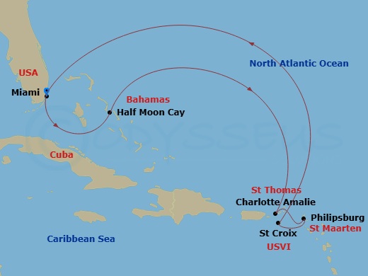 Carnival Magic - 8 Night - Eastern Caribbean - Carnival Magic - Starting in Miami, Fl, Relaxaway, Half Moon Cay, St Thomas, US Virgin Islands, St Maarten, St Croix, US Virgin.. itinerary map