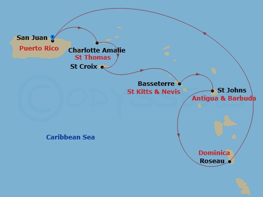 RCL Rhapsody of the Seas - 7 Night - Southern Caribbean Cruise - RCL Rhapsody of the Seas - Starting in San Juan, Puerto Rico, Charlotte Amalie, St Thomas, St Croix, US Virgin Islands,.. itinerary map