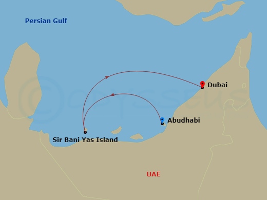 MSC Euribia - 3 Night - Dubai, Abu Dhabi & Qatar - MSC Euribia - Starting in Abu Dhabi, United Arab Emirates, Sir Baniyas Island, UAE, Dubai, United Arab Emirates itinerary map