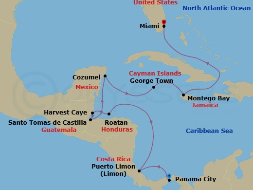 11 Night - Crescent Beaches & Colorful Towns - Seven Seas Prestige - Starting in Panama City, Panama Canal Transit, Puerto Limon, Cruising the Caribbean Sea, Roatan, Harvest Caye, Santo Tomas De Castilla, Cozumel, Mexico, George Town, Montego Bay, Cruising the Straits of Florida, Miami itinerary map