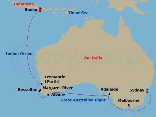 Azamara Pursuit - 15 Night - Australia & Indonesia Cruise : Melbourne, Perth & Bali - Azamara Pursuit - Starting in Sydney AU, Melbourne, Adelaide, Albany AU, Margaret River (B.. itinerary map