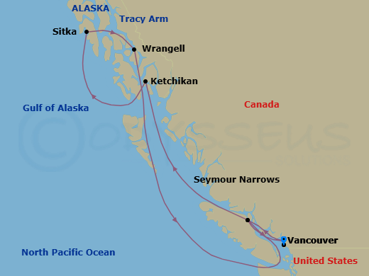 7 Night - Alaska Roundtrip from Vancouver - Crystal Serenity - Starting in Vancouver, Seymour Narrows, British Columbia, Ketchikan, Sitka, Alaska, Cruise Tracy Arm / Sawyer Glacier, Wrangell, Seymour Narrows, British Columbia, Vancouver itinerary map