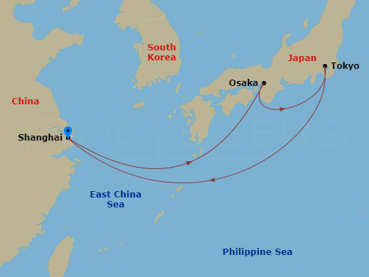 RCL Spectrum of the Seas - 8 Night - Osaka & Tokyo Overnight Cruise - RCL Spectrum of the Seas - Starting in Shanghai (Baoshan), China, Osaka, Japan, Tokyo, Japan, Shanghai (Baoshan), C.. itinerary map