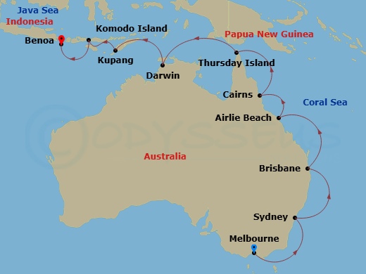 Crystal Serenity - 18 Night - Australia & New Zealand - Crystal Serenity - Starting in Melbourne, Sydney AU, Brisbane, Airlie Beach, Cairns, Thursday Island, Darwin, Kupang, Kom.. itinerary map