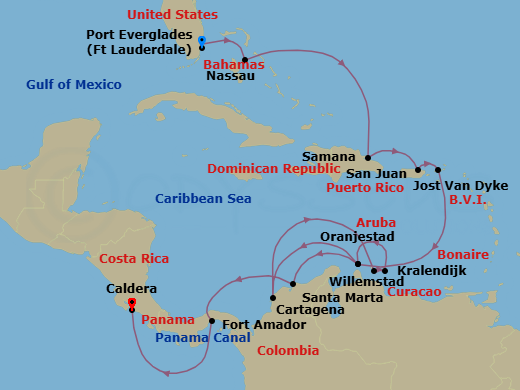 19 Night - The Americas & Caribbean - Crystal Serenity - Starting in Fort Lauderdale, Nassau (Paradise Island), Samana, San Juan, Jost Van Dyke, British Virgin Islands, Oranjestad, Aruba, Cartagena CO, Willemstad AN, Kralendijk, Oranjestad, Aruba, Santa Marta, Panama Canal Transit, Fuerte Amador (Panama City), Puerto Caldera itinerary map