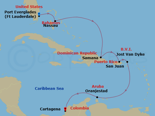 9 Night - The Americas & Caribbean - Crystal Serenity - Starting in Fort Lauderdale, Nassau (Paradise Island), Samana, San Juan, Jost Van Dyke, British Virgin Islands, Oranjestad, Aruba, Cartagena CO itinerary map