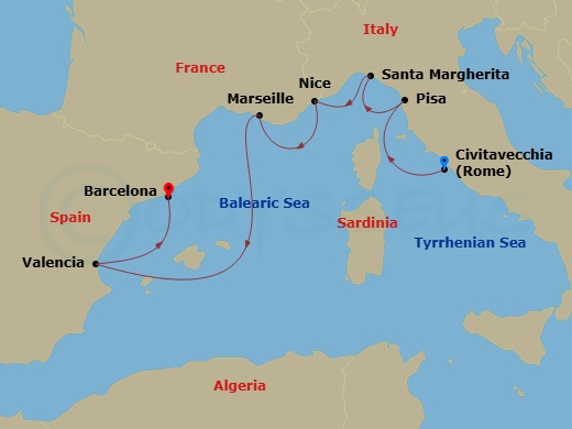 RCL Brilliance of the Seas - 7 Night - Italy, Spain & French Riviera - RCL Brilliance of the Seas - Starting in Rome (Civitavecchia), Italy, Florence / Pisa (La Spezia), Italy, Santa Marg.. itinerary map