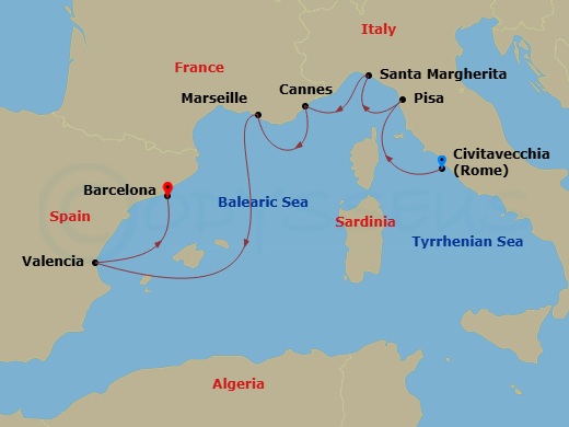 RCL Brilliance of the Seas - 7 Night - Italy, Spain & French Riviera - RCL Brilliance of the Seas - Starting in Rome (Civitavecchia), Italy, Florence / Pisa (La Spezia), Italy, Santa Marg.. itinerary map
