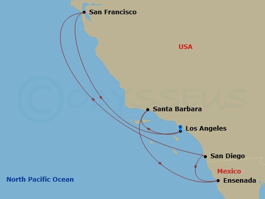 7 Night - Classic California Coast - Emerald Princess - Starting in Los Angeles, California, Santa Barbara, California, Ensenada, Mexico, San Diego, California, San Francisco, California, Los Angeles, California itinerary map