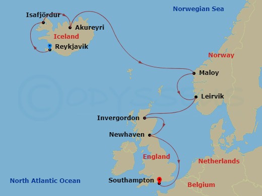 NCL Norwegian Star - 10 Night - Europe - Iceland - NCL Norwegian Star - Starting in Reykjavik, Iceland, Isafjordur, Iceland, Akureyri, Iceland, Maloy, Norway, Leirvik (Stord), Nor.. itinerary map