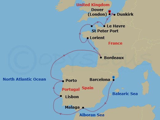 14 Night - Landmarks of Lisbon & Lorient - Seven Seas Navigator - Starting in Barcelona, Cruising the Mediterranean Sea, Malaga, Lisbon, Oporto, Cruising the Bay of Biscay, Bordeaux, Lorient, St Peter Port, Guernsey, Paris (Le Havre), Dunkirk, London (Dover UK) itinerary map