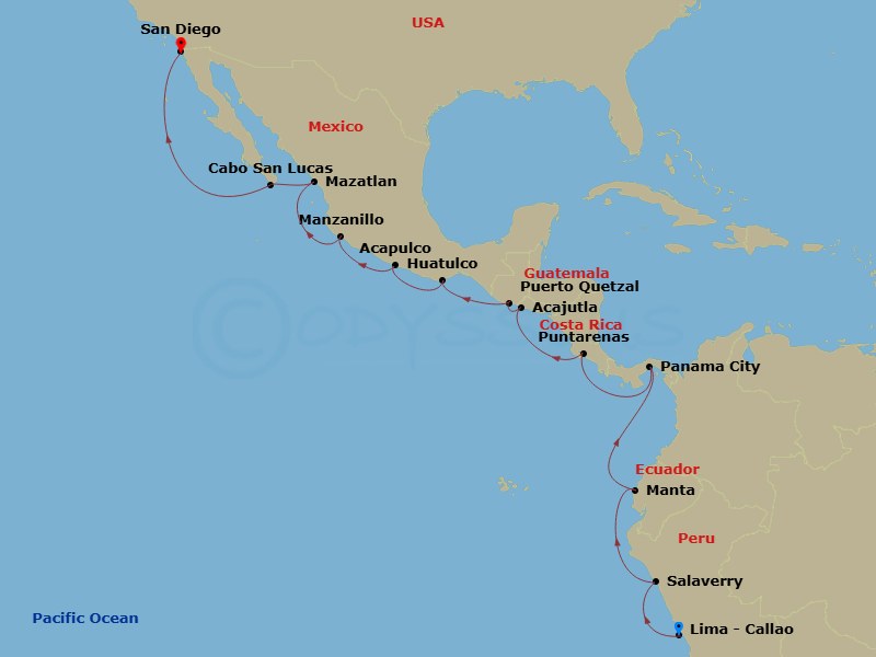 NCL Norwegian Jade - 17 Night - Repo - Panama Canal - NCL Norwegian Jade - Starting in Callao / Lima, Peru, Salaverry / Trujillo, Peru, Manta, Ecuador, Panama City, Panama, Puntar.. itinerary map