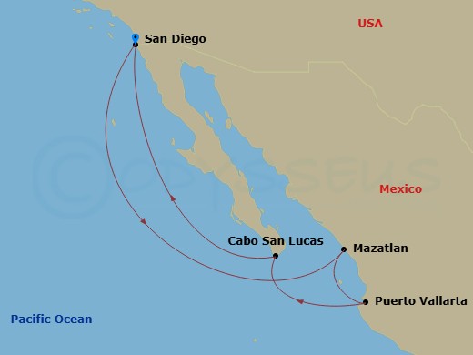 NCL Norwegian Jade - 7 Night - Mexican Riviera - San Diego - NCL Norwegian Jade - Starting in San Diego, Ca, Mazatlan, Mexico, Puerto Vallarta, Mexico, Cabo San Lucas, Mexico, San.. itinerary map