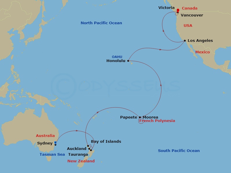 Discovery Princess - 29 Night - Hawaii, Tahiti & South Pacific Crossing - Discovery Princess - Starting in Sydney AU, Tauranga, New Zealand, Auckland, New Zealand, Bay of Islands,.. itinerary map