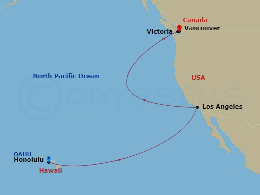 Discovery Princess - 10 Night - Pacific Crossing : Honolulu to British Columbia - Discovery Princess - Starting in Honolulu, Hawaii, Los Angeles, California, Victoria CA, Vancouve.. itinerary map