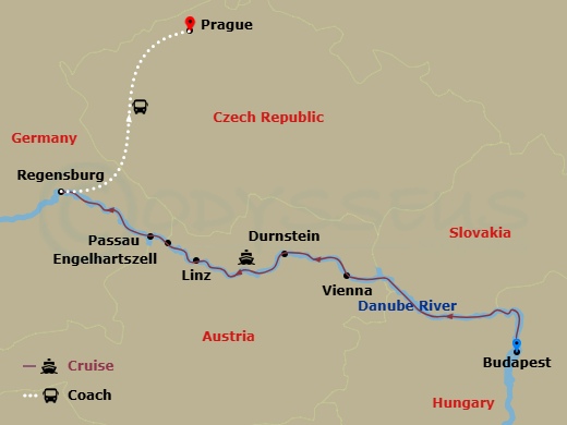 S.S. Marlene Cruise Tours - 9 Night - Delightful Danube & Prague - S.S. Marlene Cruise Tours - Starting in Budapest, Budapest, Esztergom, Vienna, Durnstein, Linz, Engelhartszell, Passau,.. itinerary map