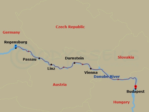 S.S. Marlene - 7 Night - Delightful Danube - S.S. Marlene - Starting in Regensburg, Passau, Linz, Durnstein, Vienna, Budapest itinerary map