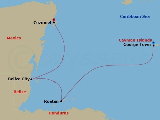 8 Night - Mexico & Western Caribbean - Margaritaville Islander - Starting in Port Tampa Bay, George Town, Grand Cayman, Roatan, Honduras, Belize, Cozumel, Mexico, Port Tampa Bay itinerary map