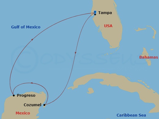 Carnival Paradise - 5 Night - Western Caribbean - Carnival Paradise - Starting in Tampa, Fl, Cozumel, Mexico, Progreso, Yucatan, Mexico, Tampa, Fl itinerary map