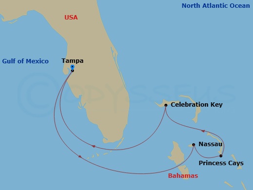 Carnival Paradise - 6 Night - Bahamas - Carnival Paradise - Starting in Tampa, Fl, Nassau, Bahamas, Princess Cays, the Bahamas, Celebration Key, the Bahamas, Tampa, Fl itinerary map