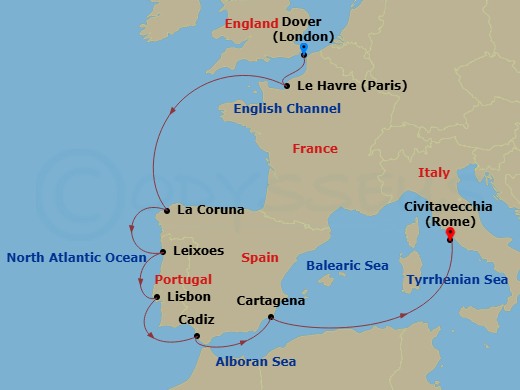Carnival Miracle - 9 Night - Spain Portugal & France - Carnival Miracle - Starting in Dover UK (London), England, Le Havre (Paris), France, La Coruna, Spain, Leixoes (Porto), Po.. itinerary map