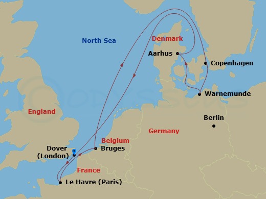 Carnival Miracle - 8 Night - Northern Europe - Carnival Miracle - Starting in Dover UK (London), England, Le Havre (Paris), France, Zeebrugge (Brussels), Belgium, Copenhagen, De.. itinerary map