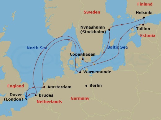 Carnival Miracle - 12 Night - Scandinavia & Baltic - Carnival Miracle - Starting in Dover UK (London), England, Amsterdam, the Netherlands, Warnemunde (Berlin), Germany, Tallinn.. itinerary map