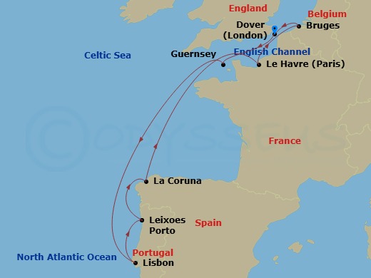 Carnival Miracle - 11 Night - Journeys - Eclipse - Carnival Miracle - Starting in Dover UK (London), England, St Peter Port, Guernsey, Lisbon, Portugal, Leixoes (Porto), Portuga.. itinerary map