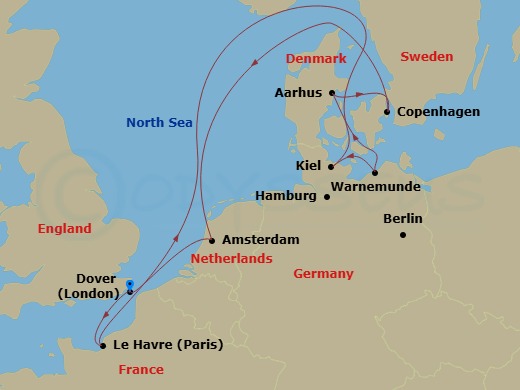 Carnival Miracle - 10 Night - Northern Europe - Carnival Miracle - Starting in Dover UK (London), England, Le Havre (Paris), France, Kiel (Hamburg), Germany, Warnemunde (Berlin).. itinerary map
