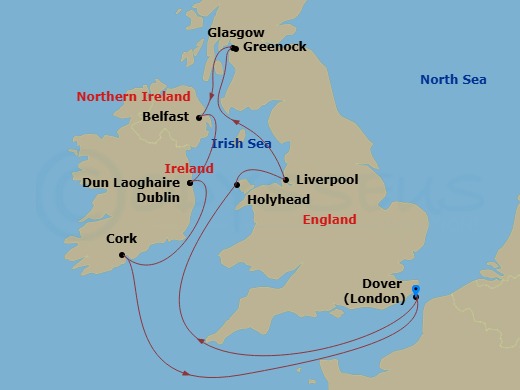 Carnival Miracle - 9 Night - British Isles - Carnival Miracle - Starting in Dover UK (London), England, Holyhead, Wales, Uk, Liverpool, England, Greenock (Glasgow), Scotland, Be.. itinerary map