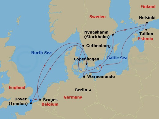 Carnival Miracle - 12 Night - Scandinavia & Baltic - Carnival Miracle - Starting in Dover UK (London), England, Copenhagen, Denmark, Warnemunde (Berlin), Germany, Tallinn, Eston.. itinerary map