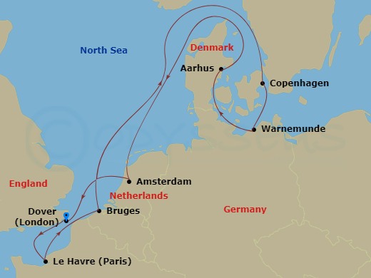 Carnival Miracle - 9 Night - Northern Europe - Carnival Miracle - Starting in Dover UK (London), England, Le Havre (Paris), France, Zeebrugge (Brussels), Belgium, Copenhagen, De.. itinerary map