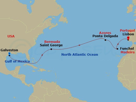 Carnival Miracle - 14 Night - Carnival Journeys - Transatlantic - Carnival Miracle - Starting in Galveston, Tx, Bermuda, Ponta Delgada, Azores, Funchal, Madeira, Portugal, Lisbo.. itinerary map