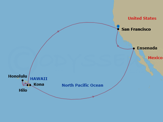 16 Night - Hawaiian Islands - Ruby Princess - Starting in San Francisco, California, Kona, Hawaii, Honolulu, Hawaii, Hilo, Hawaii, Ensenada, Mexico, San Francisco, California itinerary map