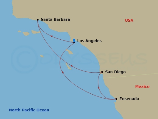 Emerald Princess - 4 Night - West Coast Getaway with San Diego - Emerald Princess - Starting in Los Angeles, California, Santa Barbara, California, San Diego, California, Ensena.. itinerary map