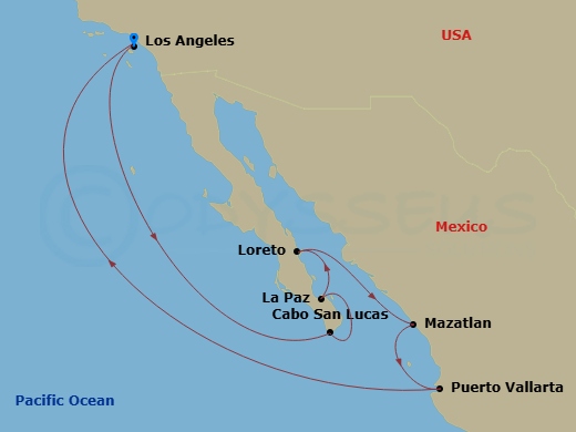 Crown Princess - 11 Night - Baja Peninsula & Sea of Cortez - Crown Princess - Starting in Los Angeles, California, Cabo San Lucas, Mexico, La Paz, Mexico, Loreto, Mexico, Maza.. itinerary map